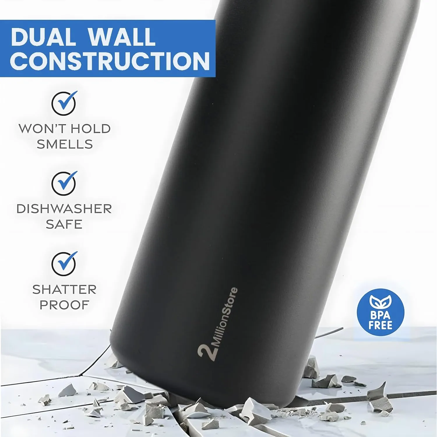 Insulated Water Bottle – Stainless Steel, Leakproof, 24H Cold & 12H Hot, Straw & Spout Lid, BPA-Free, Travel, Gym, Hiking, Sports Flask (Black, 24 Oz / 706ml)
