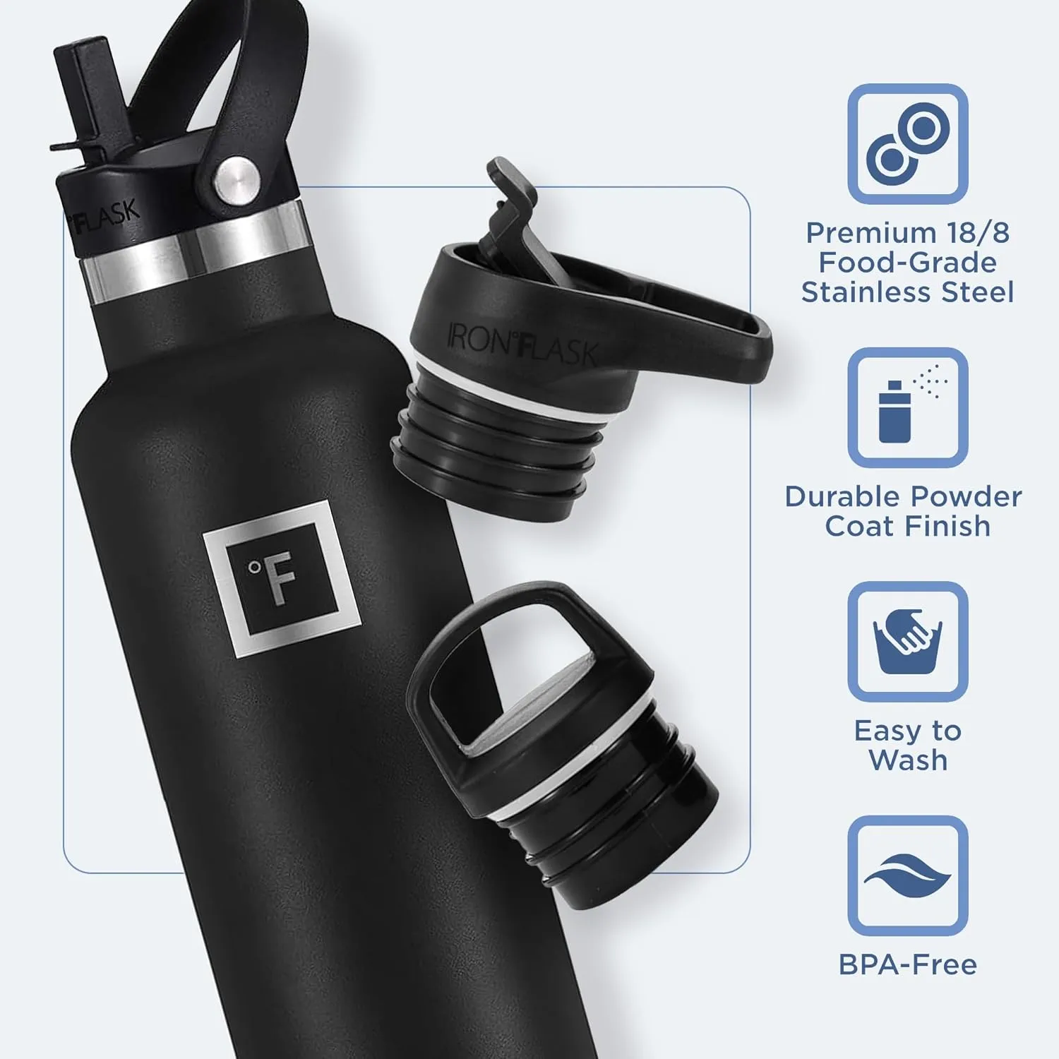 IRON °FLASK Camping & Hiking Hydration Canteens - 3 Lids (Narrow Straw Lid) Leak Proof Vacuum Insulated Stainless Steel - Hot & Cold Double Walled Sports Water Bottle - Sage, 24 Oz