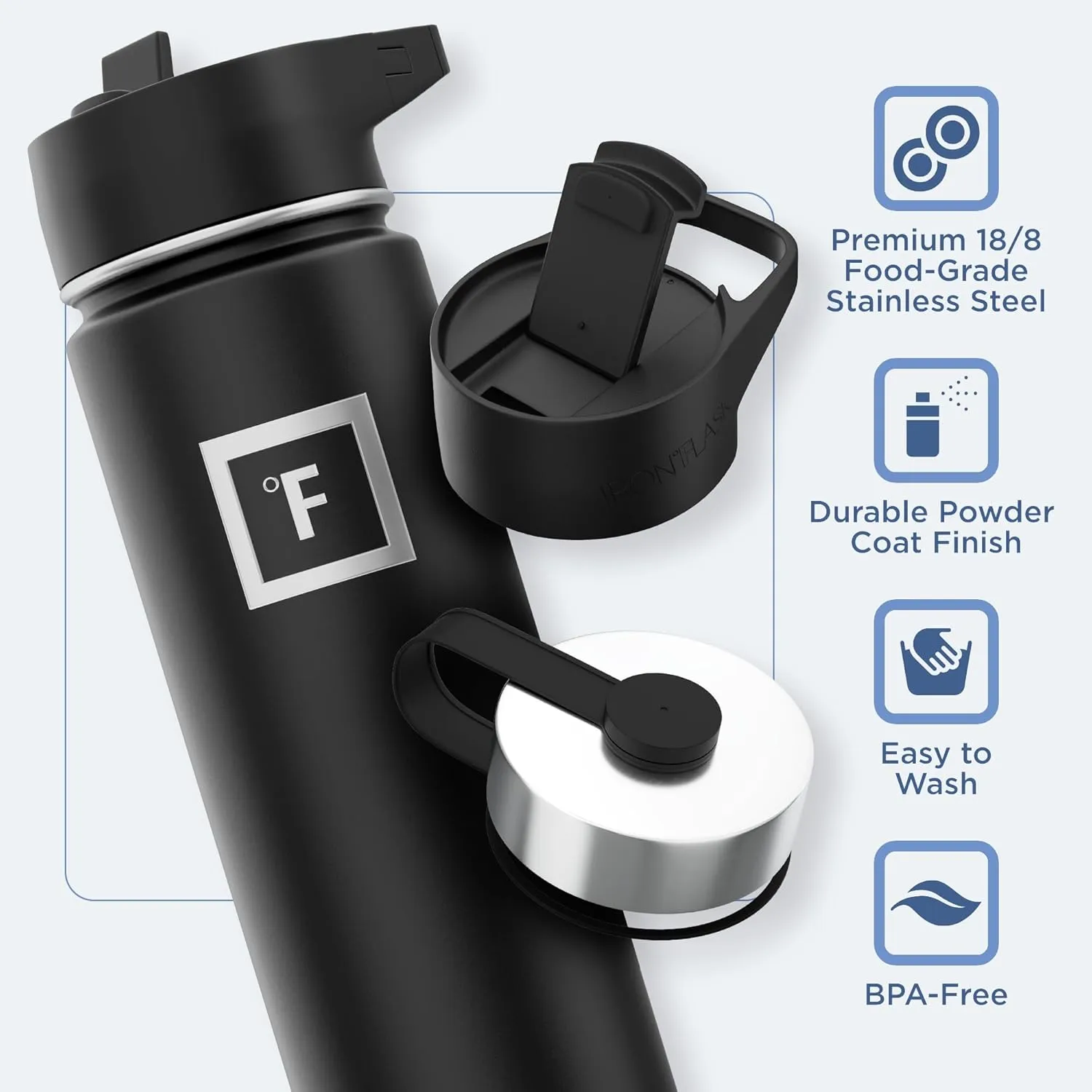 IRON °FLASK Camping & Hiking Hydration Flask with 3 Lids - Stainless Steel, Double Walled & Vacuum Insulated Water Bottle - Leak Proof & BPA Free (Morning Mist, Straw - 22 oz)