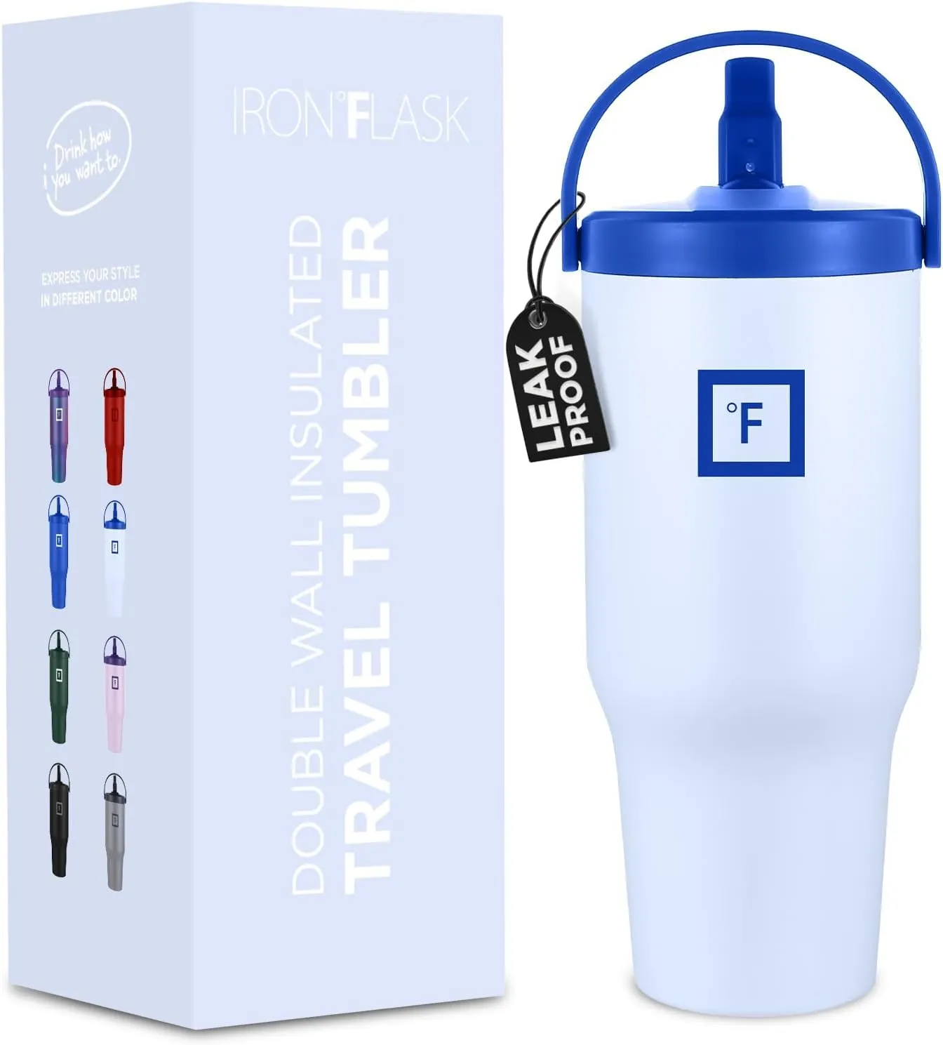 IRON °FLASK Sidekick Insulated Water Tumbler w/Straw & Foldable Handle - Stainless Steel Leak-Proof Bottle, Non-Slip Base & Fits Cup Holders for Hot, Cold Drinks - Travel Mug - 30 Oz, Arctic Blue