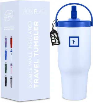 IRON °FLASK Sidekick Insulated Water Tumbler w/Straw & Foldable Handle - Stainless Steel Leak-Proof Bottle, Non-Slip Base & Fits Cup Holders for Hot, Cold Drinks - Travel Mug - 30 Oz, Arctic Blue