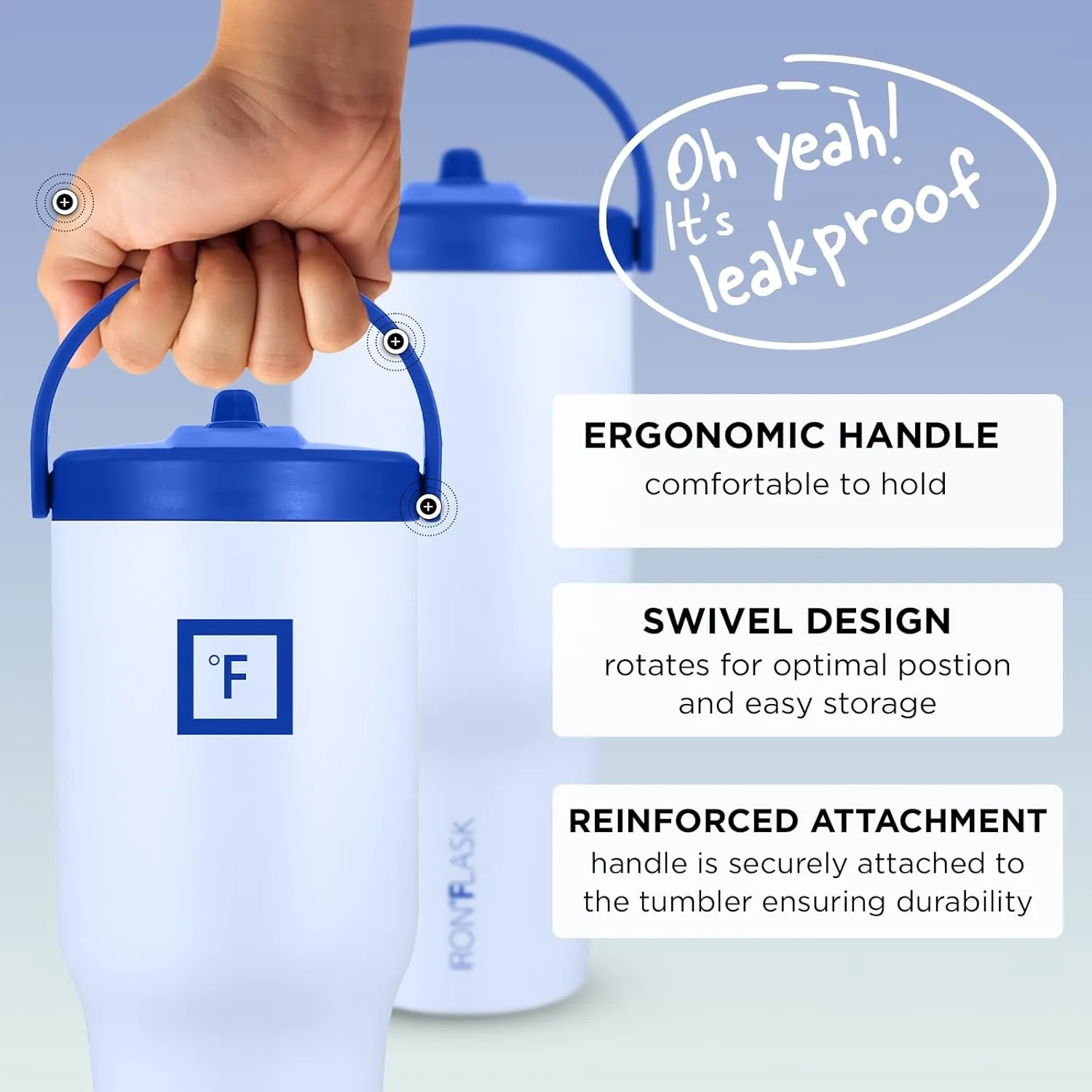 IRON °FLASK Sidekick Insulated Water Tumbler w/Straw & Foldable Handle - Stainless Steel Leak-Proof Bottle, Non-Slip Base & Fits Cup Holders for Hot, Cold Drinks - Travel Mug - 30 Oz, Arctic Blue