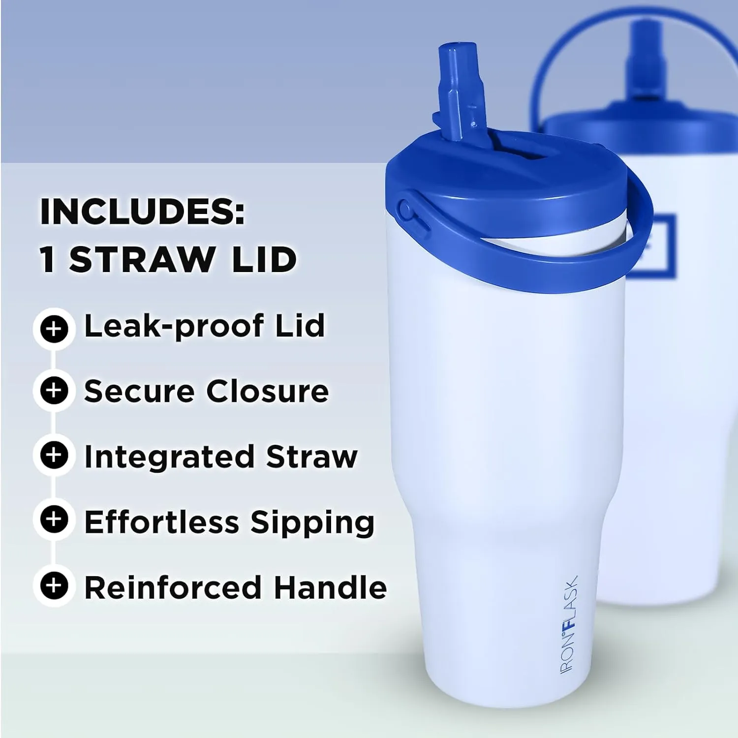 IRON °FLASK Sidekick Insulated Water Tumbler w/Straw & Foldable Handle - Stainless Steel Leak-Proof Bottle, Non-Slip Base & Fits Cup Holders for Hot, Cold Drinks - Travel Mug - 30 Oz, Arctic Blue