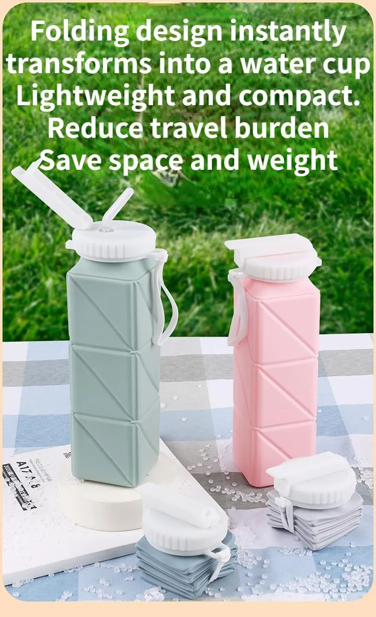 ISOLAY Collapsible Travel Cup Silicone Lightweight Large Capacity Folding Sport Bottle with Lids Scald-Proof Drinking Cup (Green)
