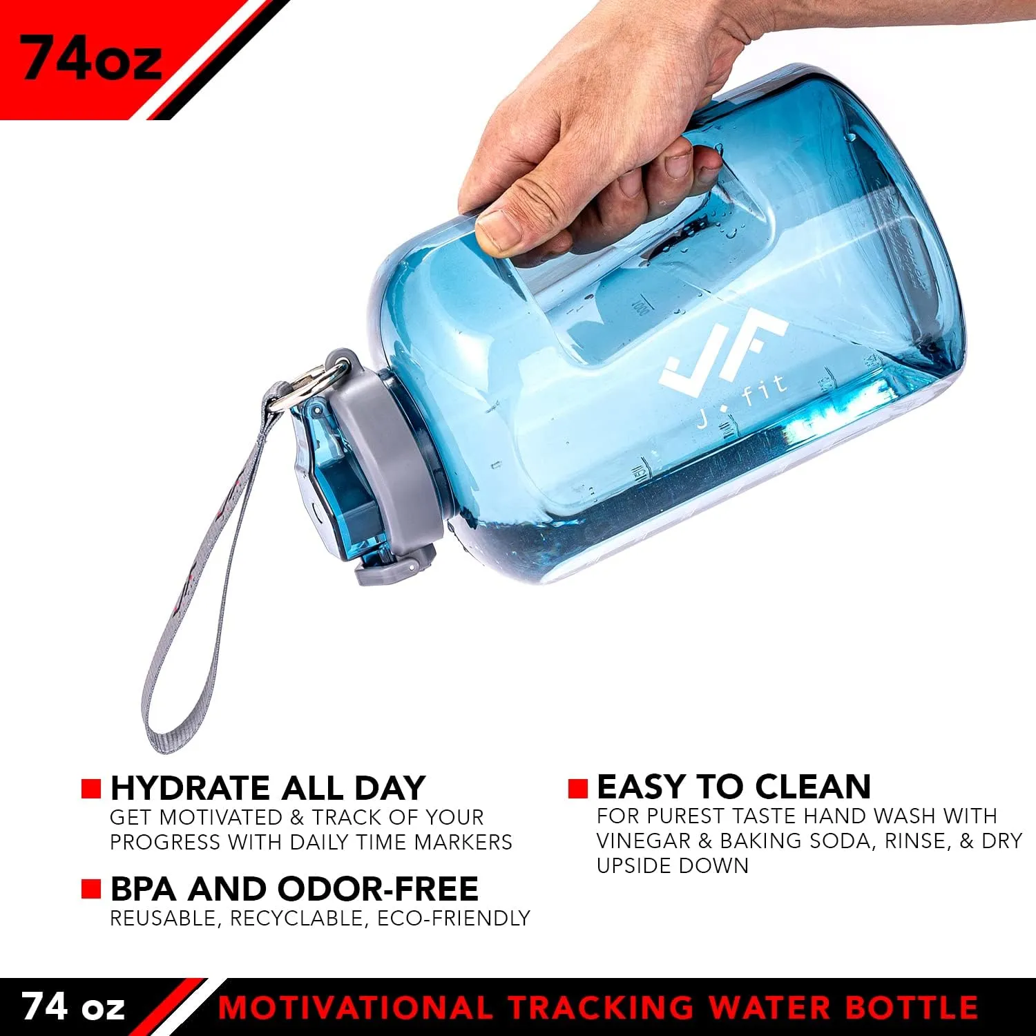 JFIT BPA Free Reusable Sports Water Bottle w/Time Markers, Leakproof Flip-Top Lid & Carry Strap – Durable PETG, 2.28" Wide-Mouth for Ice – Eco-Friendly, Odor-Free & Easy to Clean