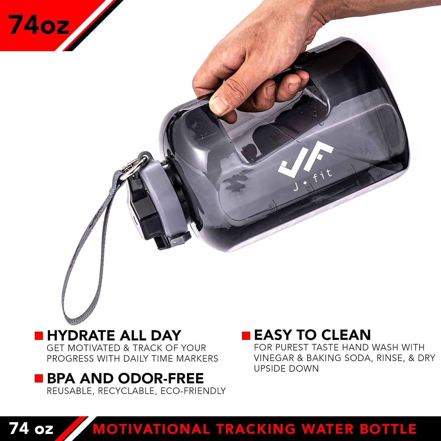 JFIT BPA Free Reusable Sports Water Bottle w/Time Markers, Leakproof Flip-Top Lid & Carry Strap – Durable PETG, 2.28" Wide-Mouth for Ice – Eco-Friendly, Odor-Free & Easy to Clean