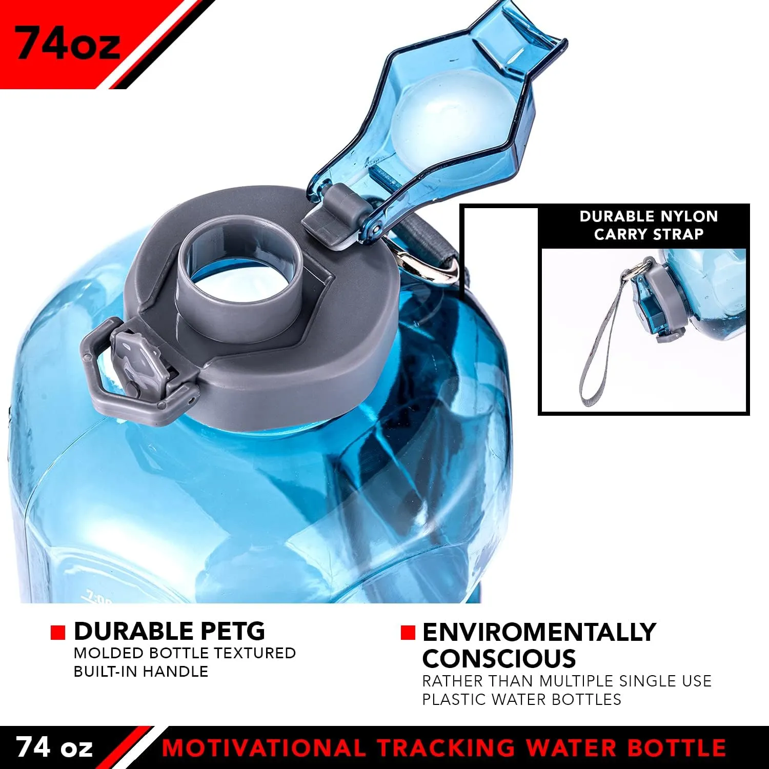 JFIT BPA Free Reusable Sports Water Bottle w/Time Markers, Leakproof Flip-Top Lid & Carry Strap – Durable PETG, 2.28" Wide-Mouth for Ice – Eco-Friendly, Odor-Free & Easy to Clean