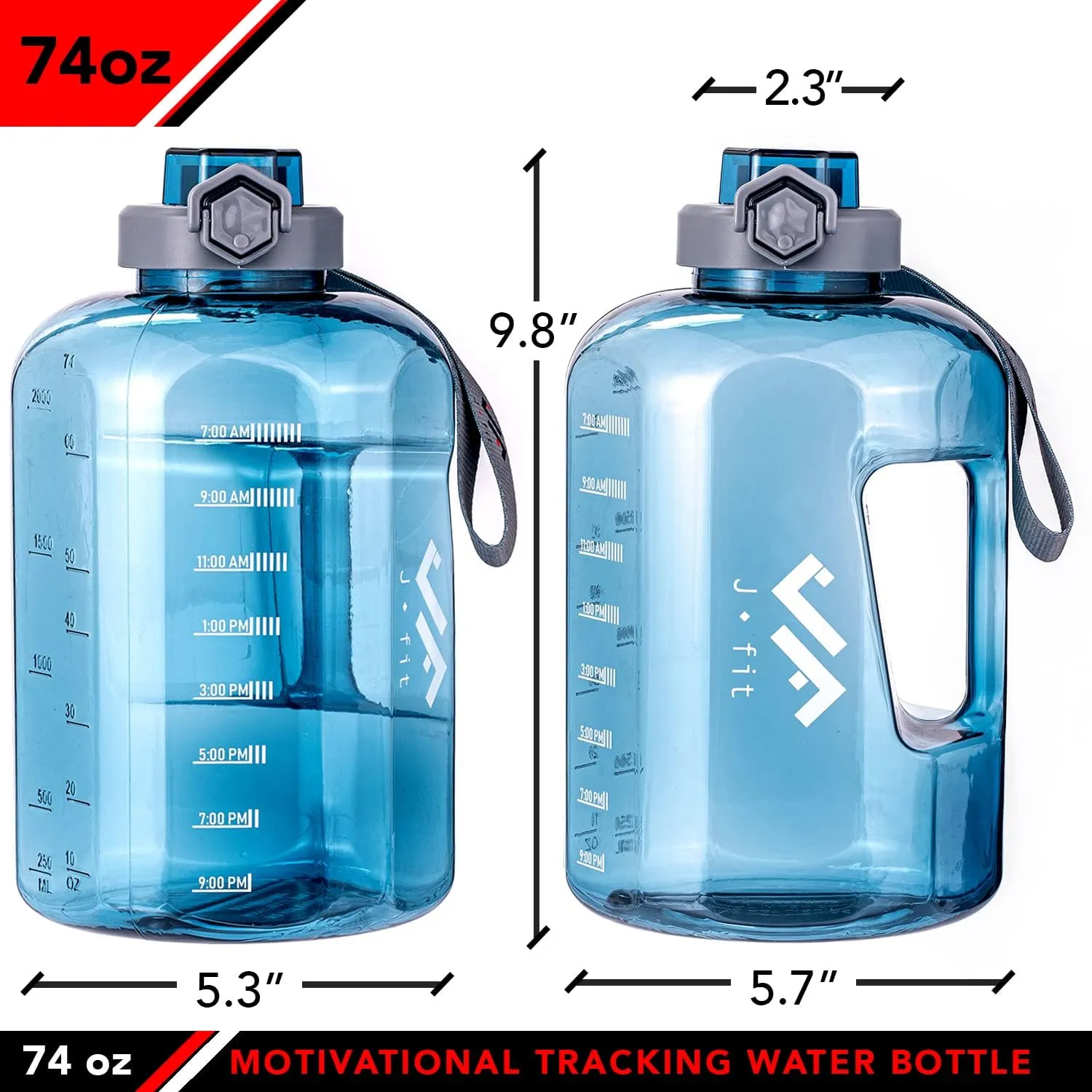 JFIT BPA Free Reusable Sports Water Bottle w/Time Markers, Leakproof Flip-Top Lid & Carry Strap – Durable PETG, 2.28" Wide-Mouth for Ice – Eco-Friendly, Odor-Free & Easy to Clean