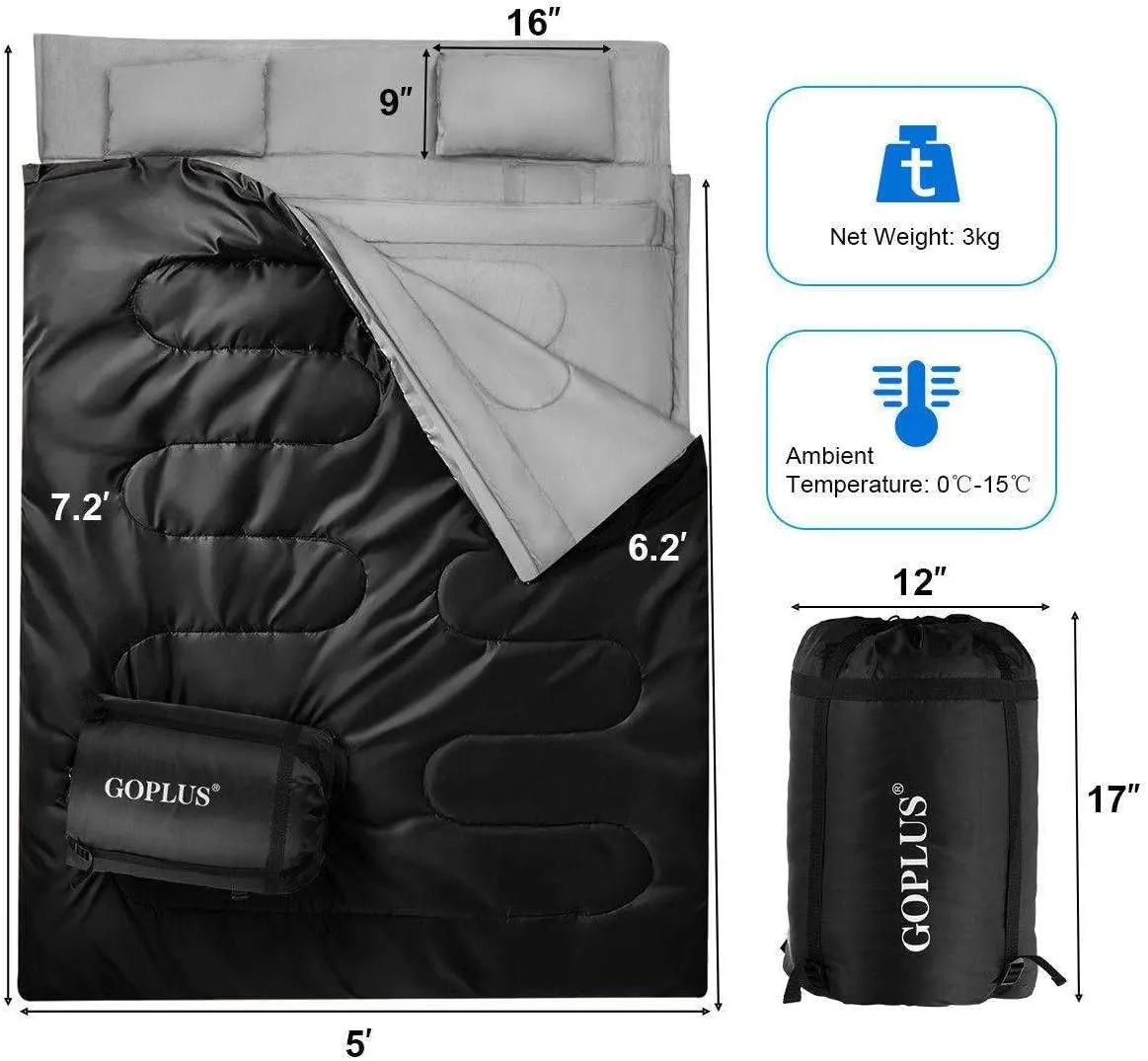 JHUS Double 2 Person Sleeping Bag Waterproof w/2 Pillows Camping Queen Size XL Camping Accessories Camping Gear Sleeping Bag Sleeping Bags Camping Essentials Camping Supplies Hiking Gear Backpac