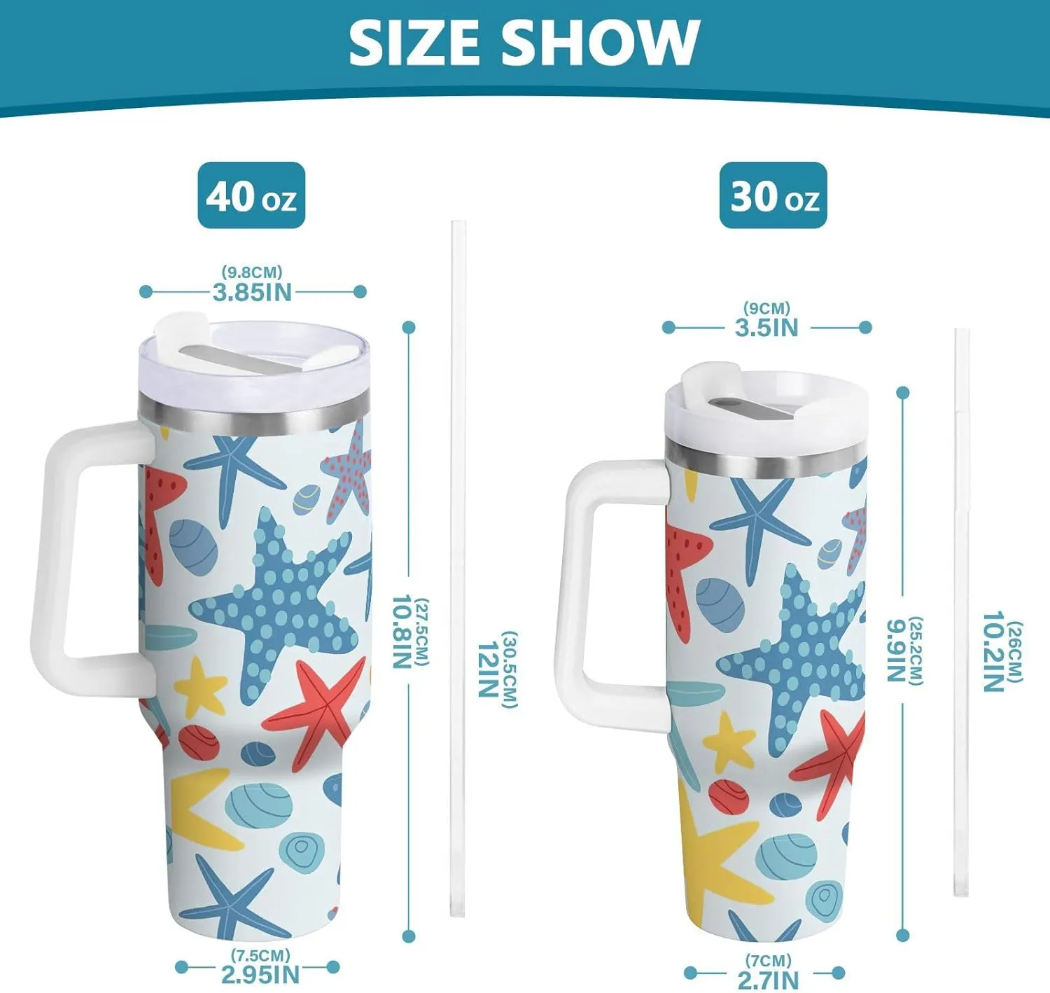 Joisal Cute Colorful Starfish Insulated Coffee Tumbler with Handle and Straw Lid Insulated Cups 40 Oz Stainless Steel Tumblers