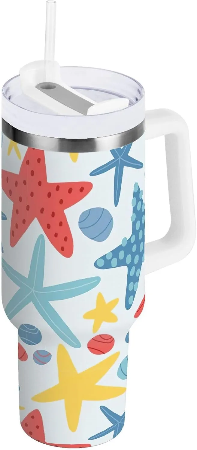 Joisal Cute Colorful Starfish Insulated Coffee Tumbler with Handle and Straw Lid Insulated Cups 40 Oz Stainless Steel Tumblers