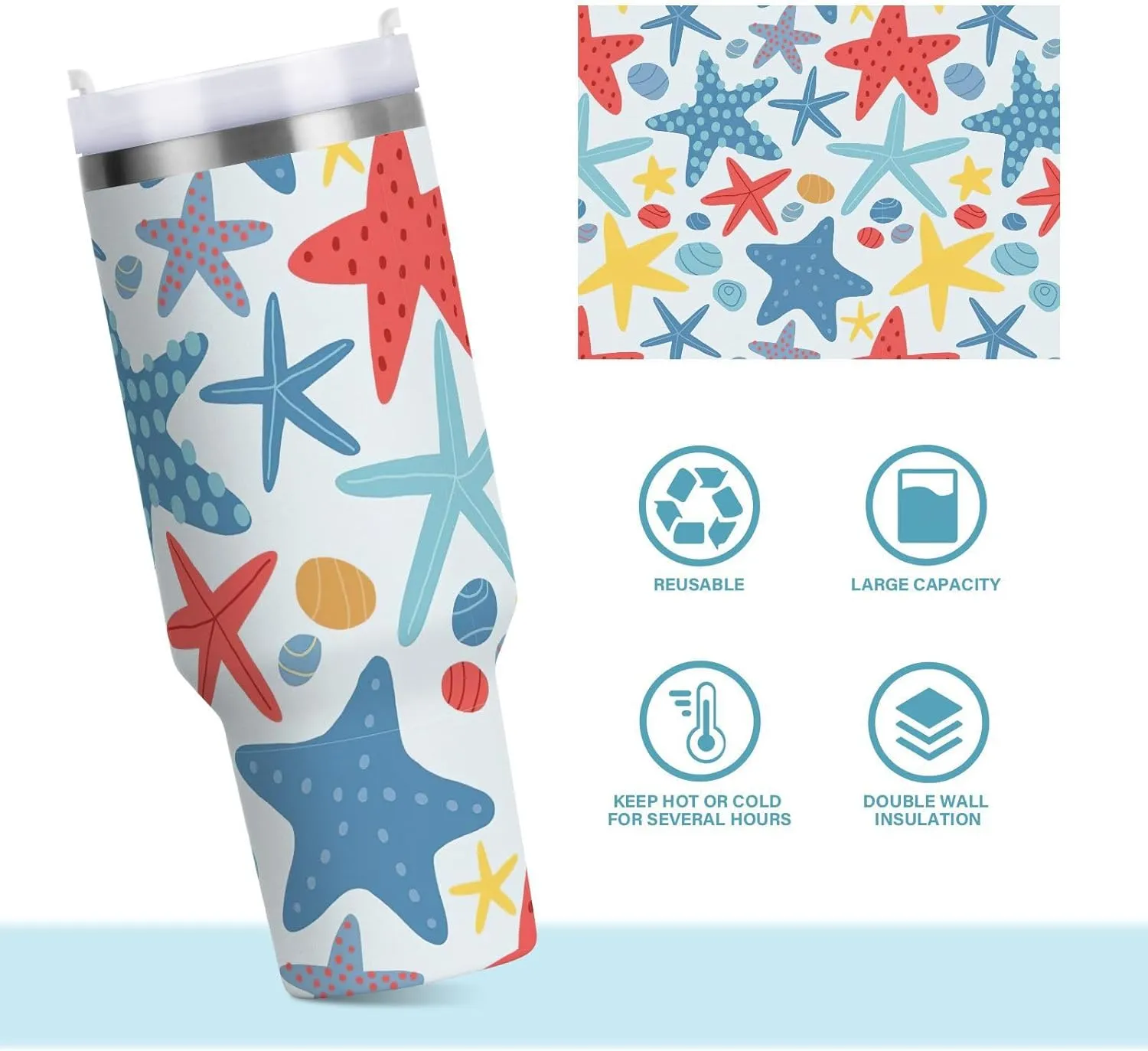 Joisal Cute Colorful Starfish Insulated Coffee Tumbler with Handle and Straw Lid Insulated Cups 40 Oz Stainless Steel Tumblers