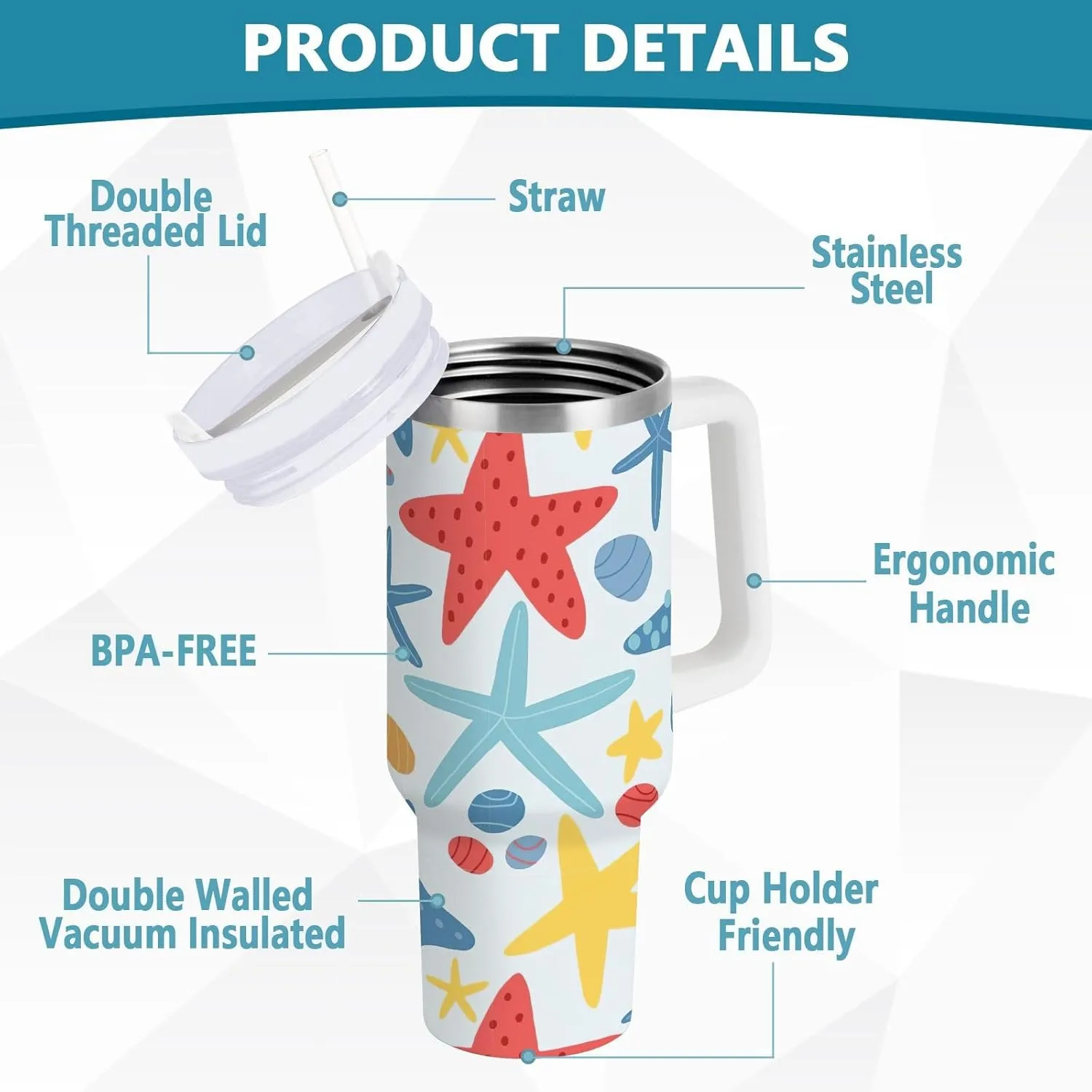 Joisal Cute Colorful Starfish Insulated Coffee Tumbler with Handle and Straw Lid Insulated Cups 40 Oz Stainless Steel Tumblers