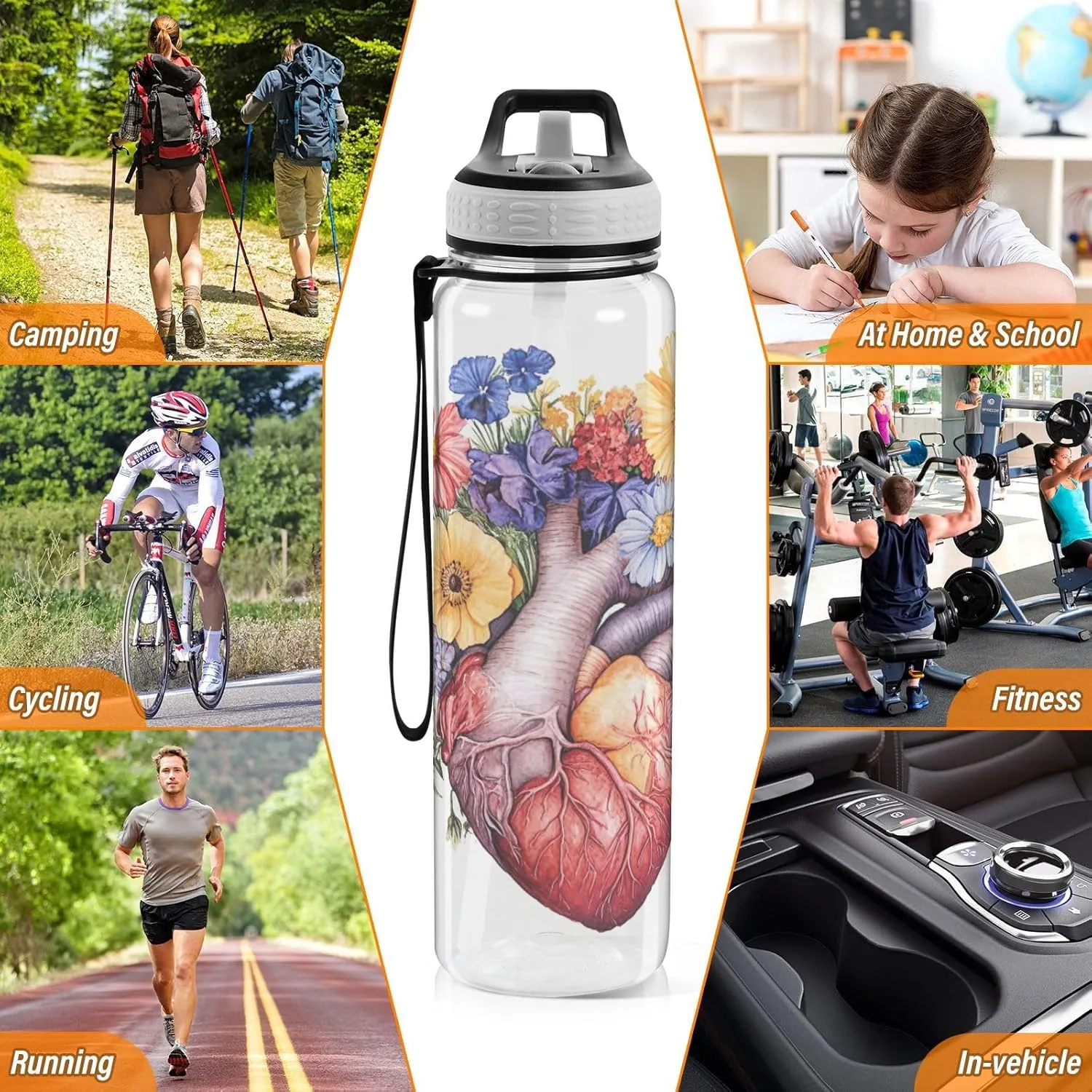 Joisal Heart Flowers 32 Oz Water Bottle with Handle and Straw Leakproof Clear Water Bottles for Sports, Cycling, Bike