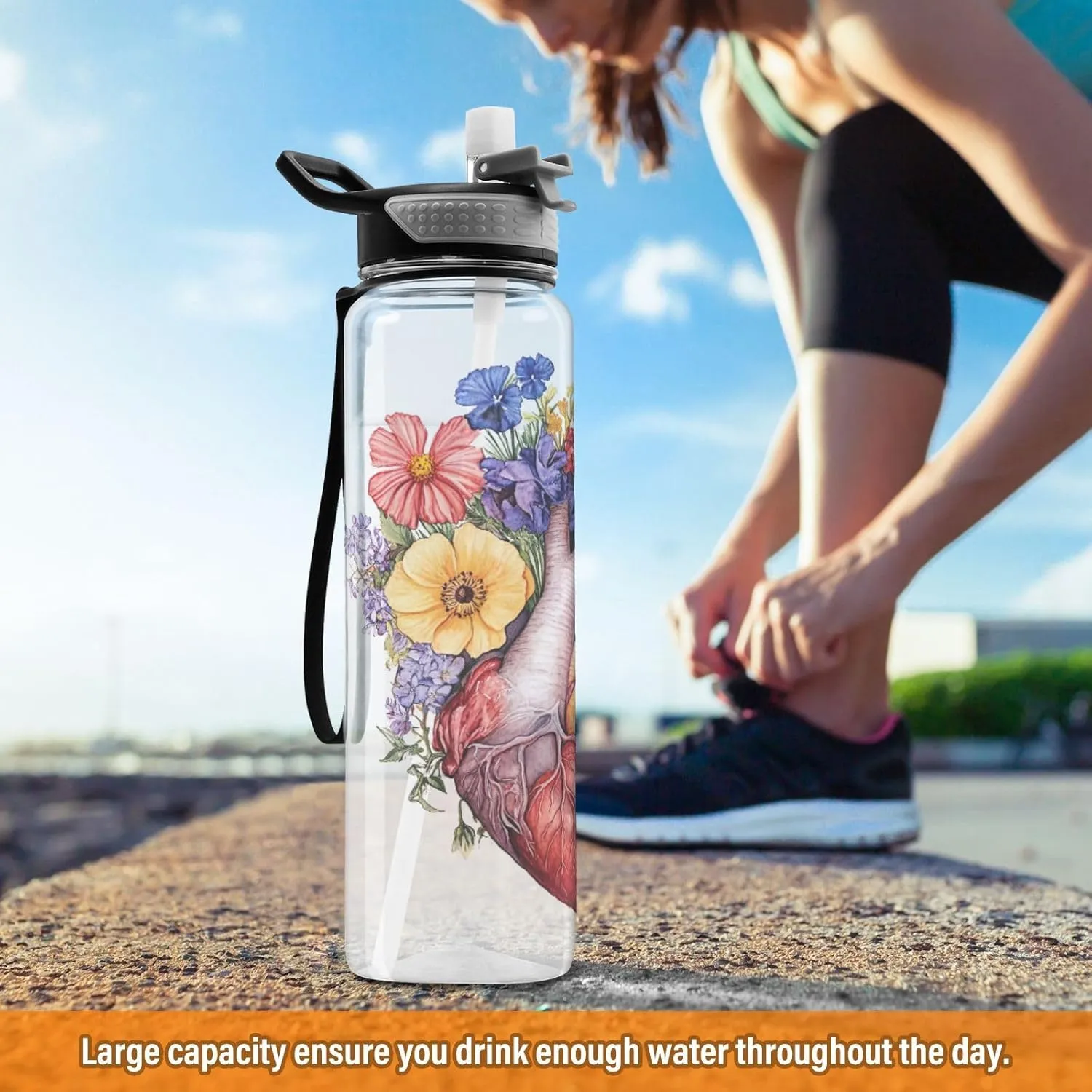Joisal Heart Flowers 32 Oz Water Bottle with Handle and Straw Leakproof Clear Water Bottles for Sports, Cycling, Bike