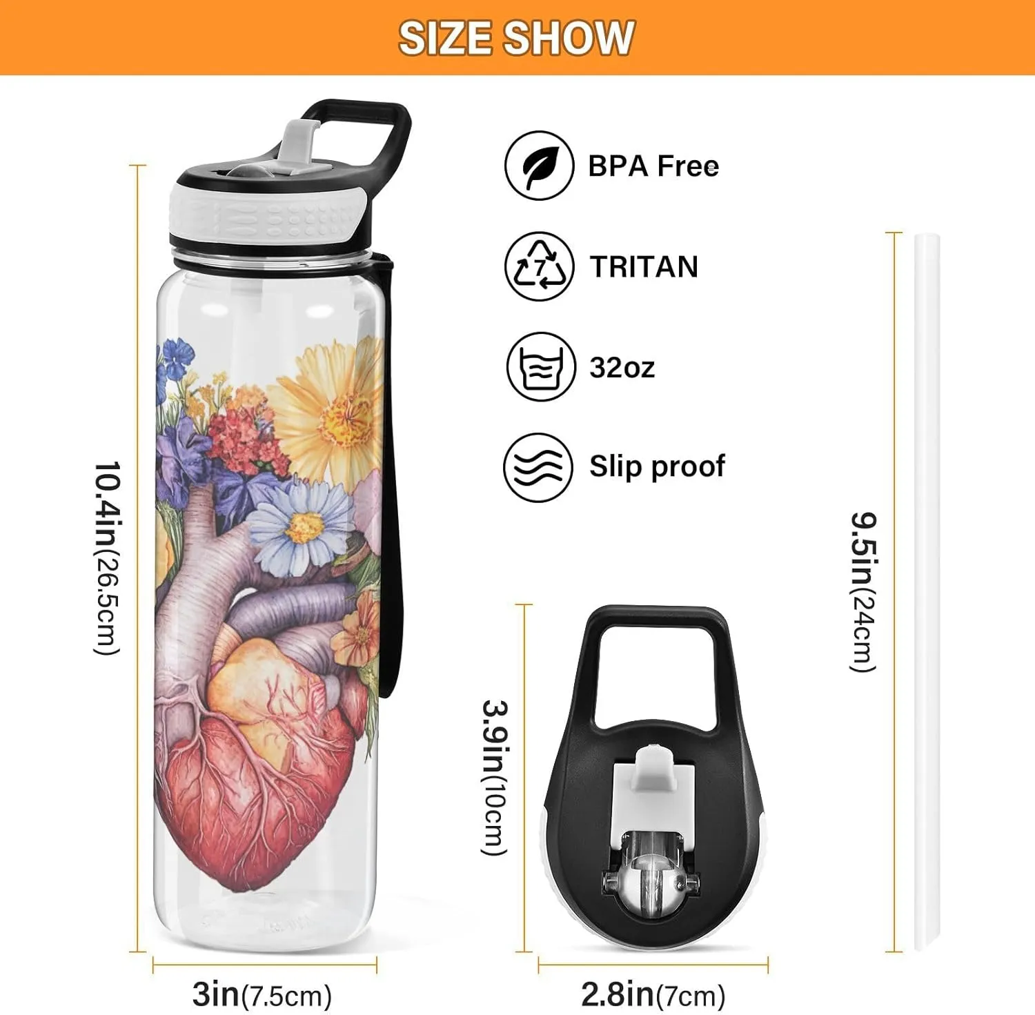 Joisal Heart Flowers 32 Oz Water Bottle with Handle and Straw Leakproof Clear Water Bottles for Sports, Cycling, Bike