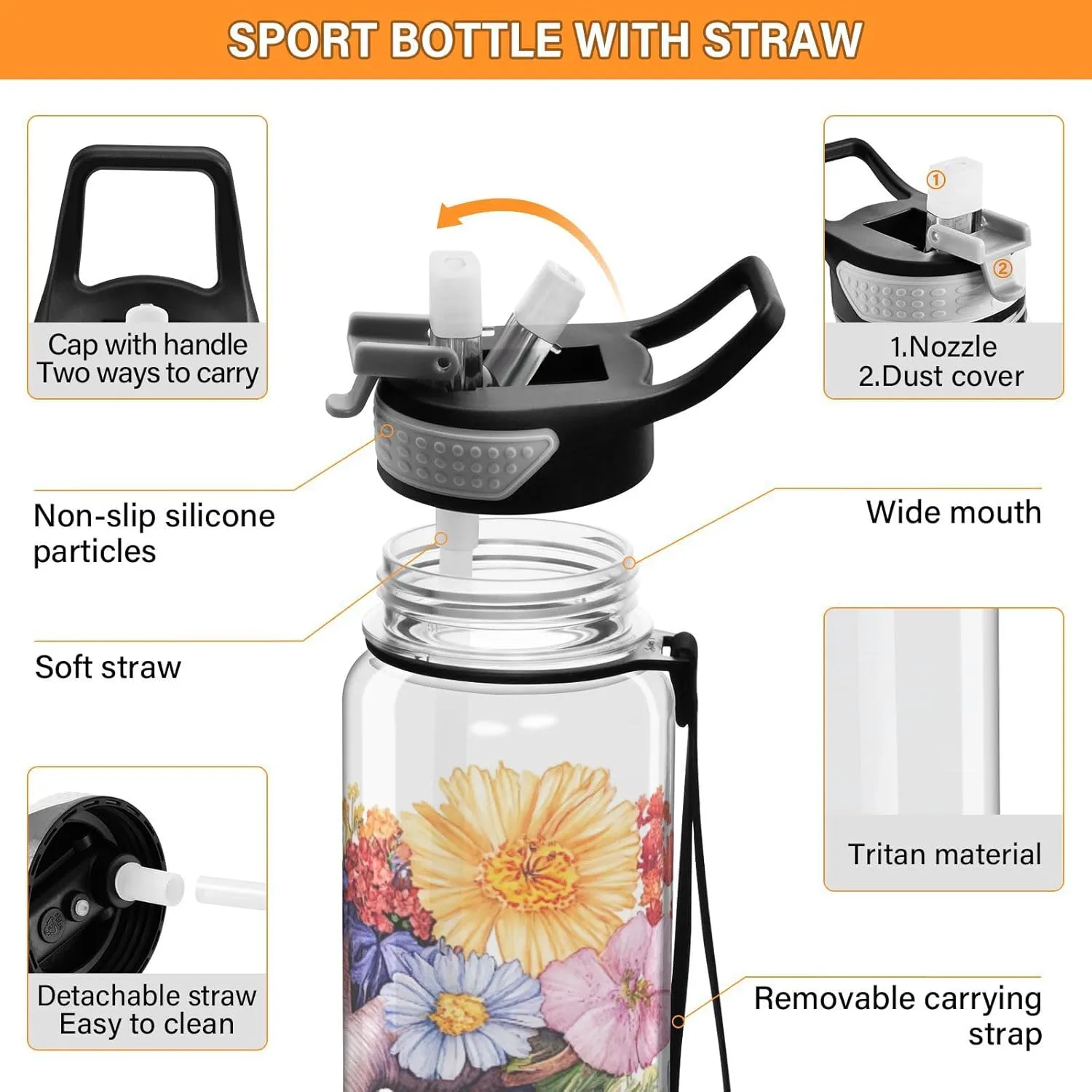 Joisal Heart Flowers 32 Oz Water Bottle with Handle and Straw Leakproof Clear Water Bottles for Sports, Cycling, Bike