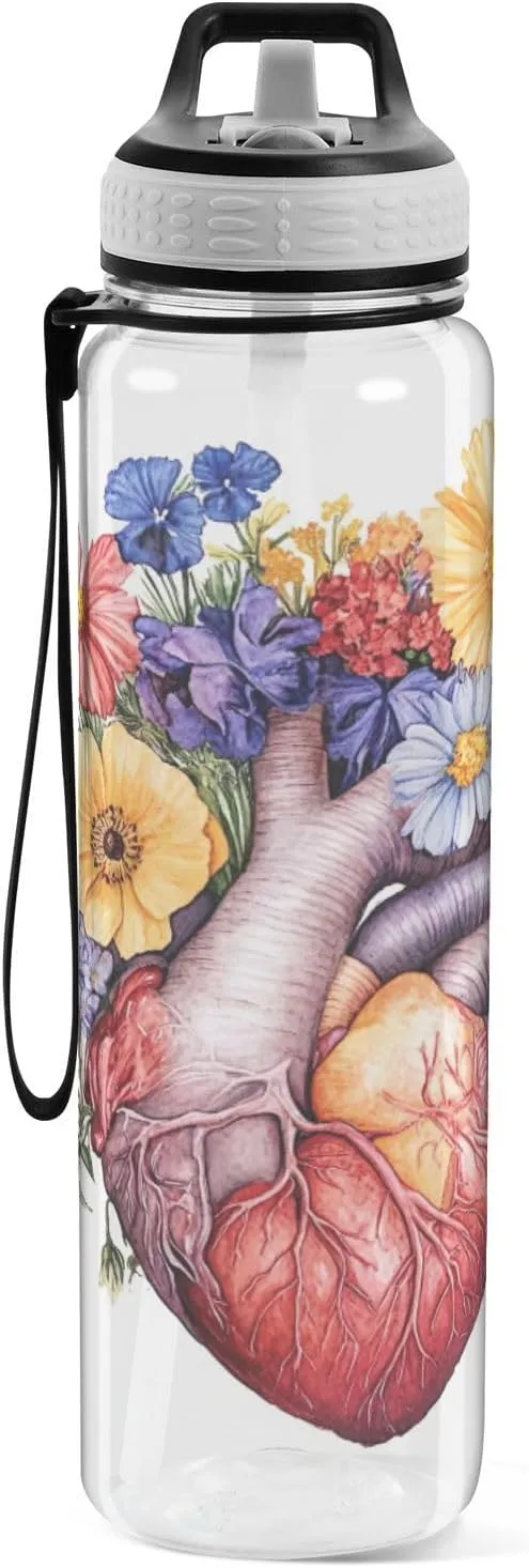 Joisal Heart Flowers 32 Oz Water Bottle with Handle and Straw Leakproof Clear Water Bottles for Sports, Cycling, Bike
