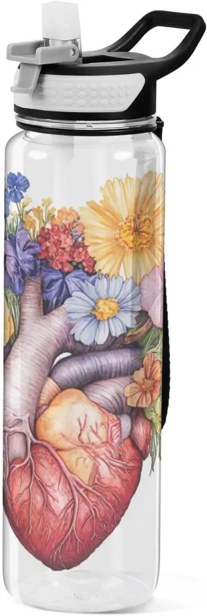 Joisal Heart Flowers 32 Oz Water Bottle with Handle and Straw Leakproof Clear Water Bottles for Sports, Cycling, Bike
