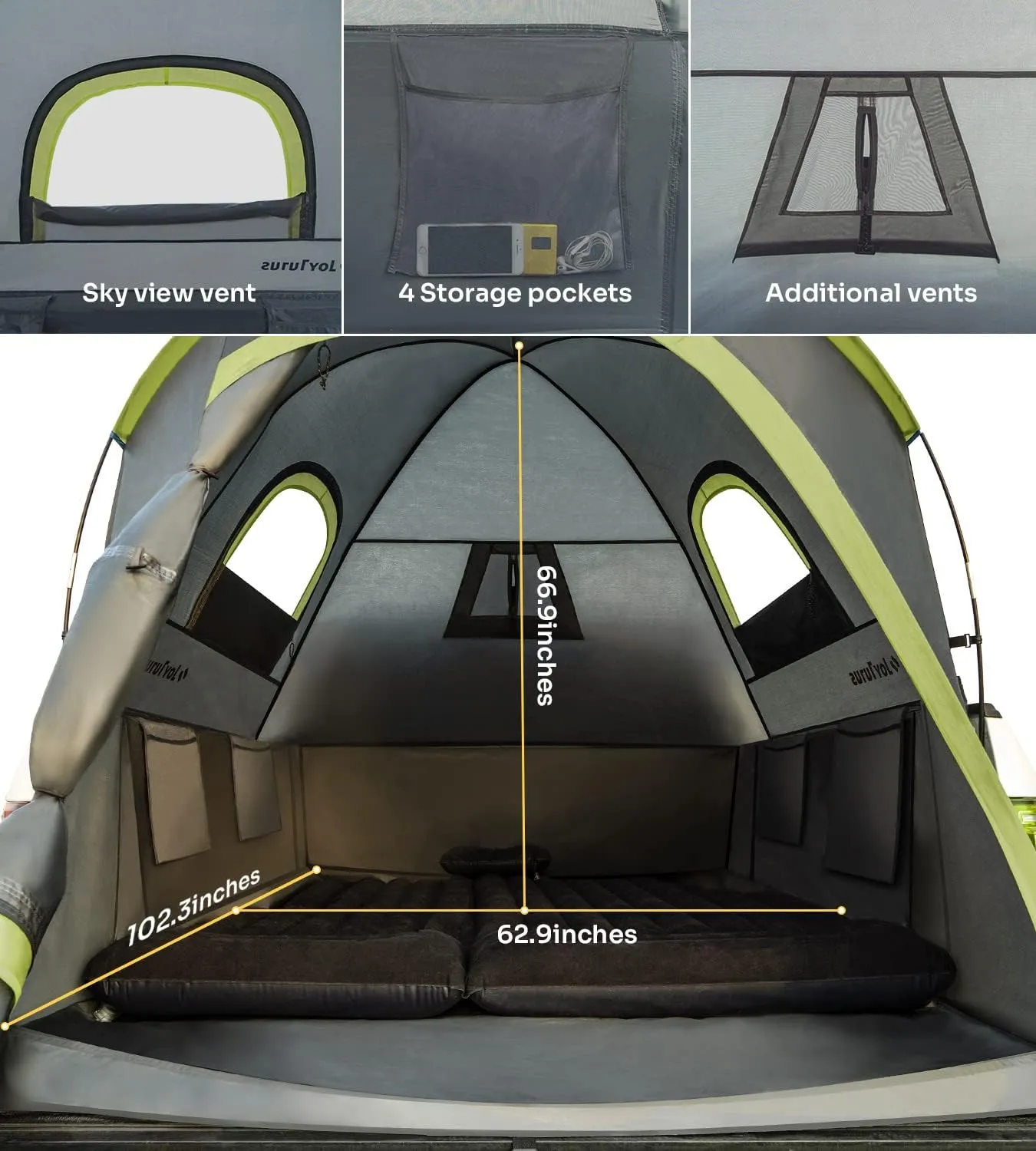 JOYTUTUS Pickup Truck Tent 6.5ft 2.0, Waterproof PU2000mm Double Layer for 2 Person, Portable Truck Bed Tent with Rainfly - Green