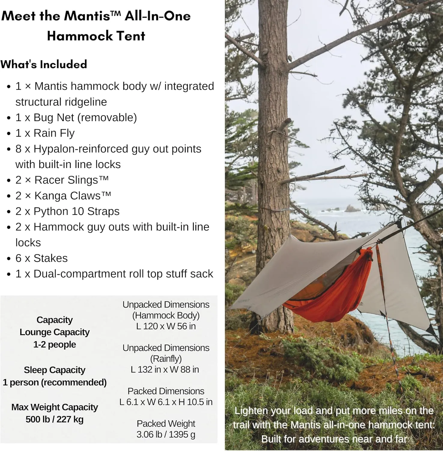 KAMMOK Mantis Ultra Light Hammock, All Seasons, Mosquito Net, Storage Bag, Camping, Outdoor Activities - Ember Orange