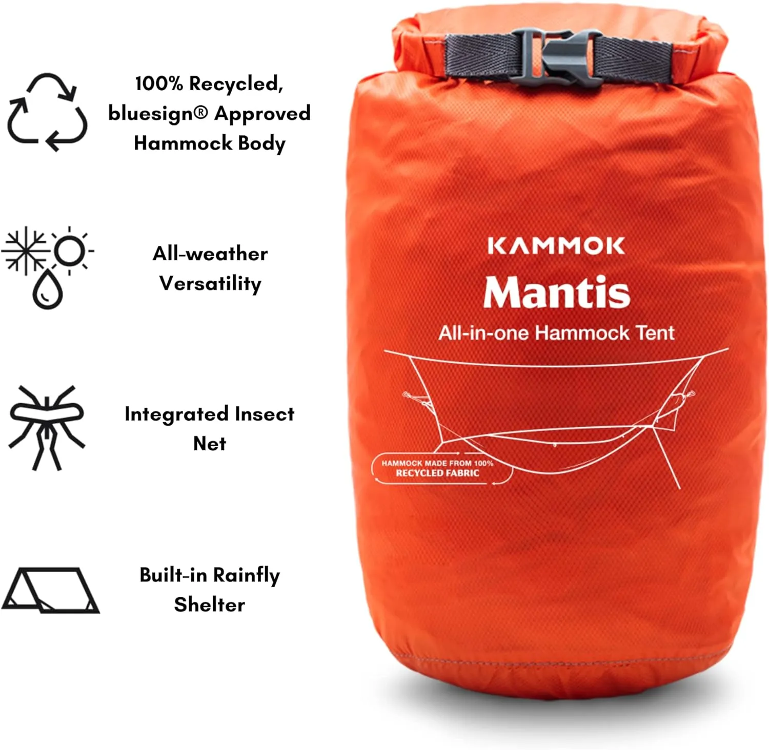 KAMMOK Mantis Ultra Light Hammock, All Seasons, Mosquito Net, Storage Bag, Camping, Outdoor Activities - Ember Orange