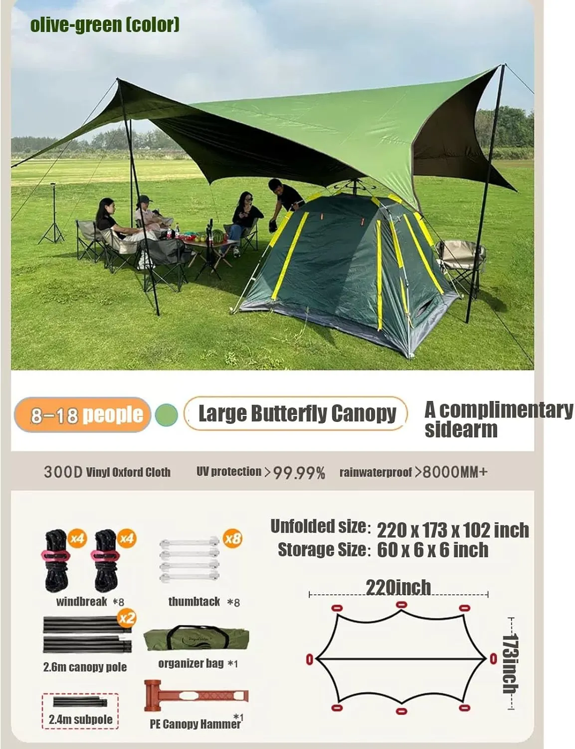 KAnduo 18X14ft Tarp with 3 Poles, Waterproof Camping Tarp Awning, Picnic Tent Rain Fly Sun Shelter for Hiking, Backpacking(Olive Green,220x173x102inch)
