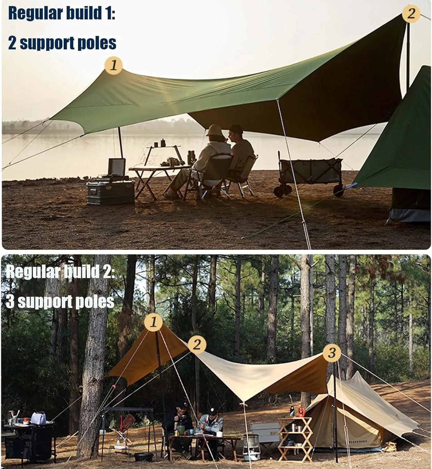 KAnduo 18X14ft Tarp with 3 Poles, Waterproof Camping Tarp Awning, Picnic Tent Rain Fly Sun Shelter for Hiking, Backpacking(Olive Green,220x173x102inch)