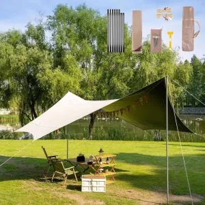 KAnduo 18X14ft Tarp with 3 Poles, Waterproof Camping Tarp Awning, Picnic Tent Rain Fly Sun Shelter for Hiking, Backpacking(Olive Green,220x173x102inch)
