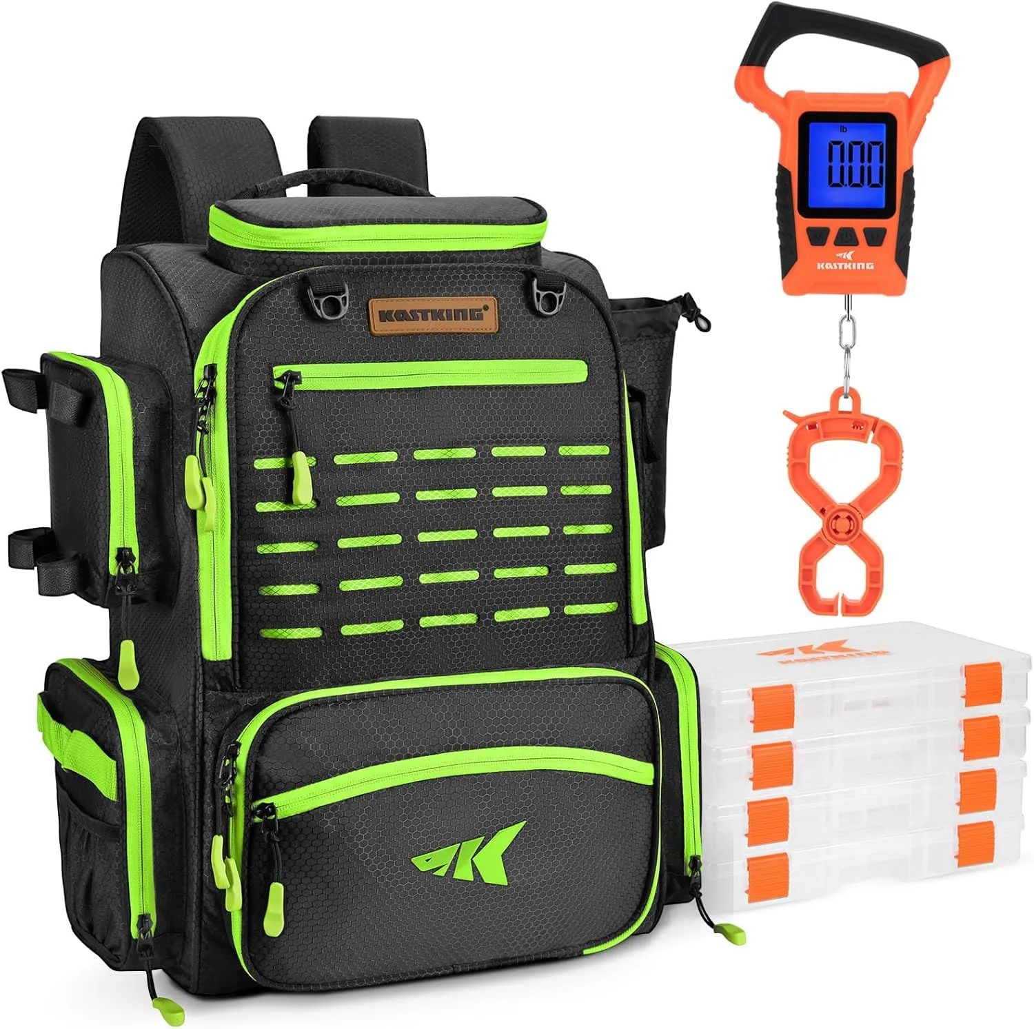 KastKing Bait Boss Fishing Tackle Backpack(Green) with Rod Holders-4 Tackle Boxes & WideView Floating Waterproof Fishing Digital Scale