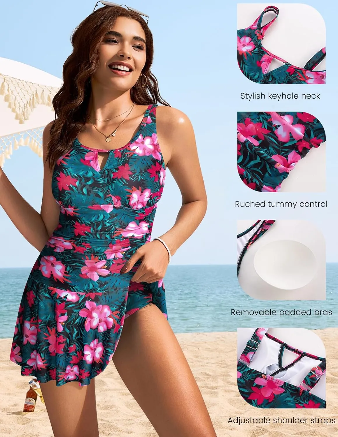 Kate Kasin 2 Piece Tankini Swimsuits for Women Tummy Control Swimdress Skirt Bathing Suit with Briefs Modest Ruched Swimwear