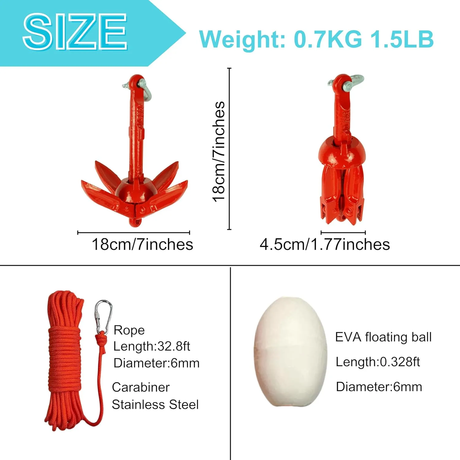 Kayak Anchor Kit 1.5/3.5lb Folding Small Boat Anchor for Paddle Board Canoe Jet Ski PWC Anchor with 32.8 ft Anchor Rope Storage Bag