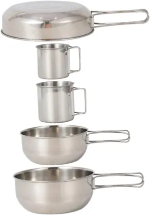 KICHOUSE Camping Cooking Gear 5pcs Stainless Steel Pot Cup Set Compact Portable Picnic Tool for Outdoor