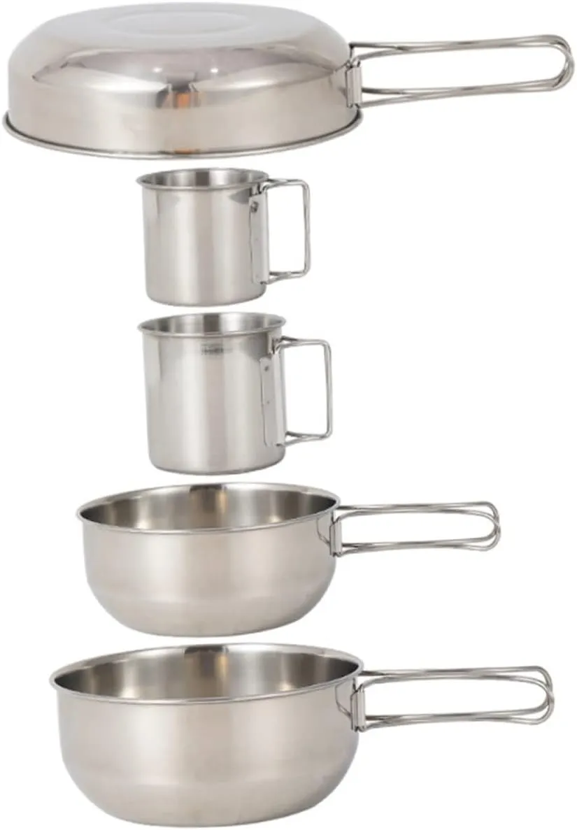 KICHOUSE Camping Cooking Gear 5pcs Stainless Steel Pot Cup Set Compact Portable Picnic Tool for Outdoor