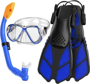 Kids Mask Fin Snorkel Set for 3-7 Years Old Boys and Girls with Panoramic Snorkel Mask Diving Goggles Dry Top Snorkel and Adjustable Fins for Snorkeling Swimming Freediving