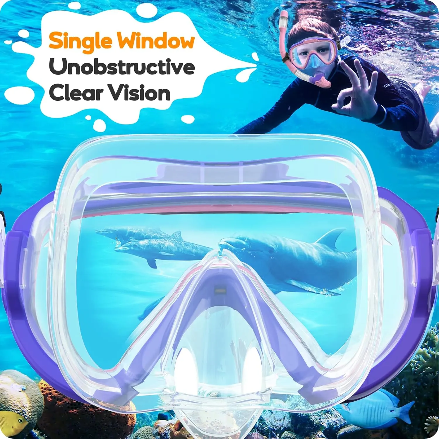 Kids Snorkel Set, Anti-Fog Panoramic Tempered Glass Kids Snorkel mask, Anti-Leak Scuba Diving Mask with Mesh Bag, Dry Top Snorkeling Gear for Kids and Youth Age 4-16