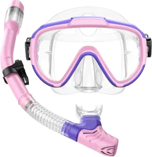 Kids Snorkel Set, Anti-Fog Panoramic Tempered Glass Kids Snorkel mask, Anti-Leak Scuba Diving Mask with Mesh Bag, Dry Top Snorkeling Gear for Kids and Youth Age 4-16