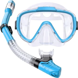 Kids Snorkel Set, Anti-Fog Panoramic Tempered Glass Kids Snorkel mask, Anti-Leak Scuba Diving Mask with Mesh Bag, Dry Top Snorkeling Gear for Kids and Youth Age 4-16
