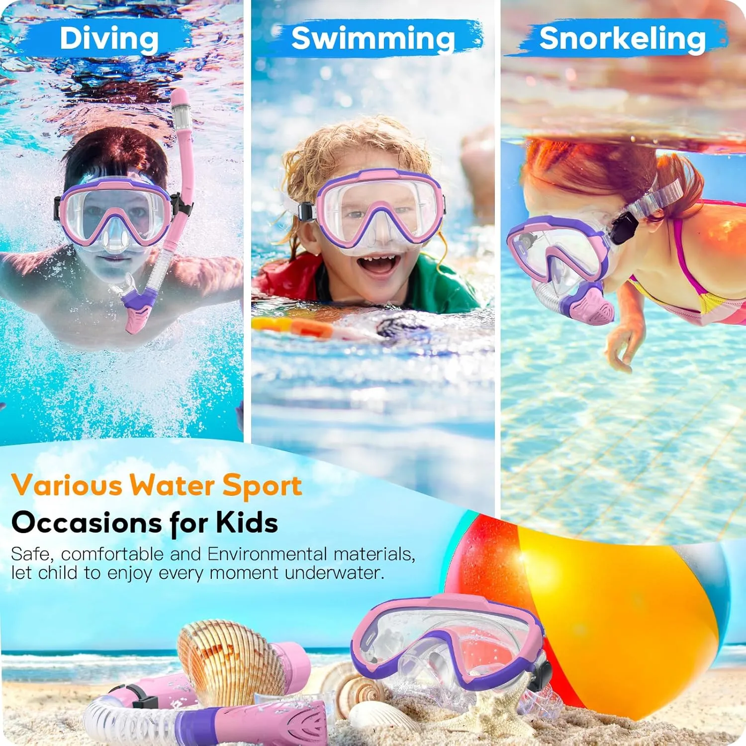 Kids Snorkel Set, Anti-Fog Panoramic Tempered Glass Kids Snorkel mask, Anti-Leak Scuba Diving Mask with Mesh Bag, Dry Top Snorkeling Gear for Kids and Youth Age 4-16