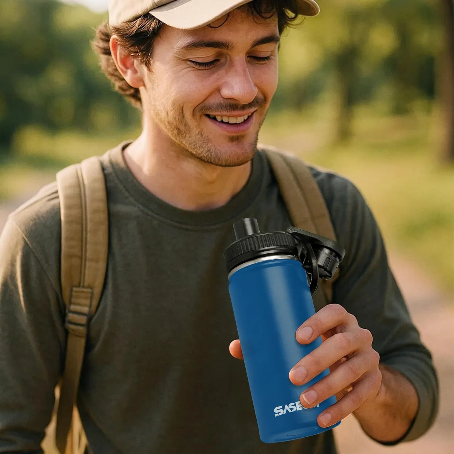Kids Sport Water Bottle 16oz Stainless Steel Double Wall Vacuum Thermal Mug with Leak Proof Spout Lids, Wide Mouth Metal Insulated Water Jug for Gym and Travel（Navy）