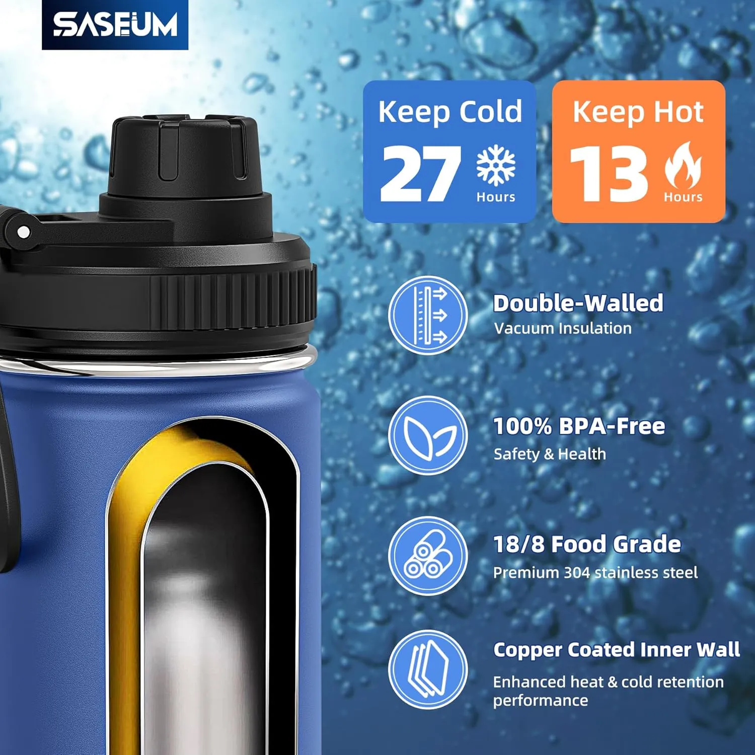 Kids Sport Water Bottle 16oz Stainless Steel Double Wall Vacuum Thermal Mug with Leak Proof Spout Lids, Wide Mouth Metal Insulated Water Jug for Gym and Travel（Navy）