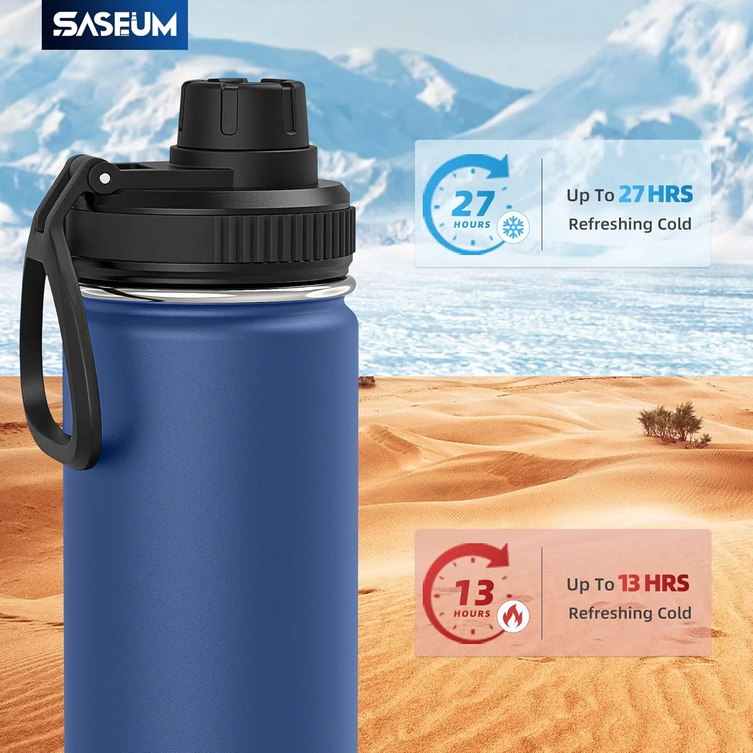 Kids Sport Water Bottle 16oz Stainless Steel Double Wall Vacuum Thermal Mug with Leak Proof Spout Lids, Wide Mouth Metal Insulated Water Jug for Gym and Travel（Navy）