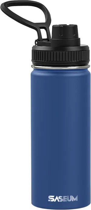 Kids Sport Water Bottle 16oz Stainless Steel Double Wall Vacuum Thermal Mug with Leak Proof Spout Lids, Wide Mouth Metal Insulated Water Jug for Gym and Travel（Navy）