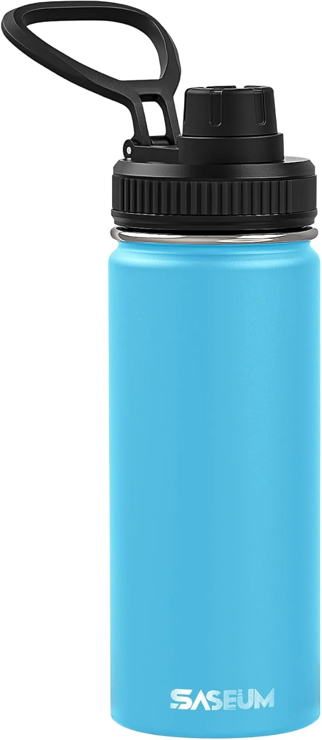 Kids Sport Water Bottle 16oz Stainless Steel Double Wall Vacuum Thermal Mug with Leak Proof Spout Lids, Wide Mouth Metal Insulated Water Jug for Gym and Travel（Sky Blue）