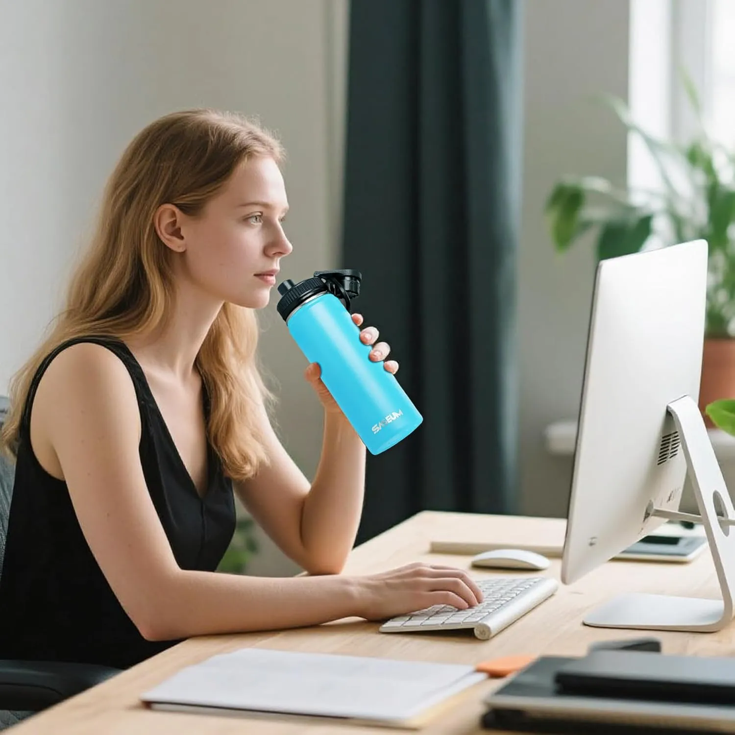 Kids Sport Water Bottle 16oz Stainless Steel Double Wall Vacuum Thermal Mug with Leak Proof Spout Lids, Wide Mouth Metal Insulated Water Jug for Gym and Travel（Sky Blue）