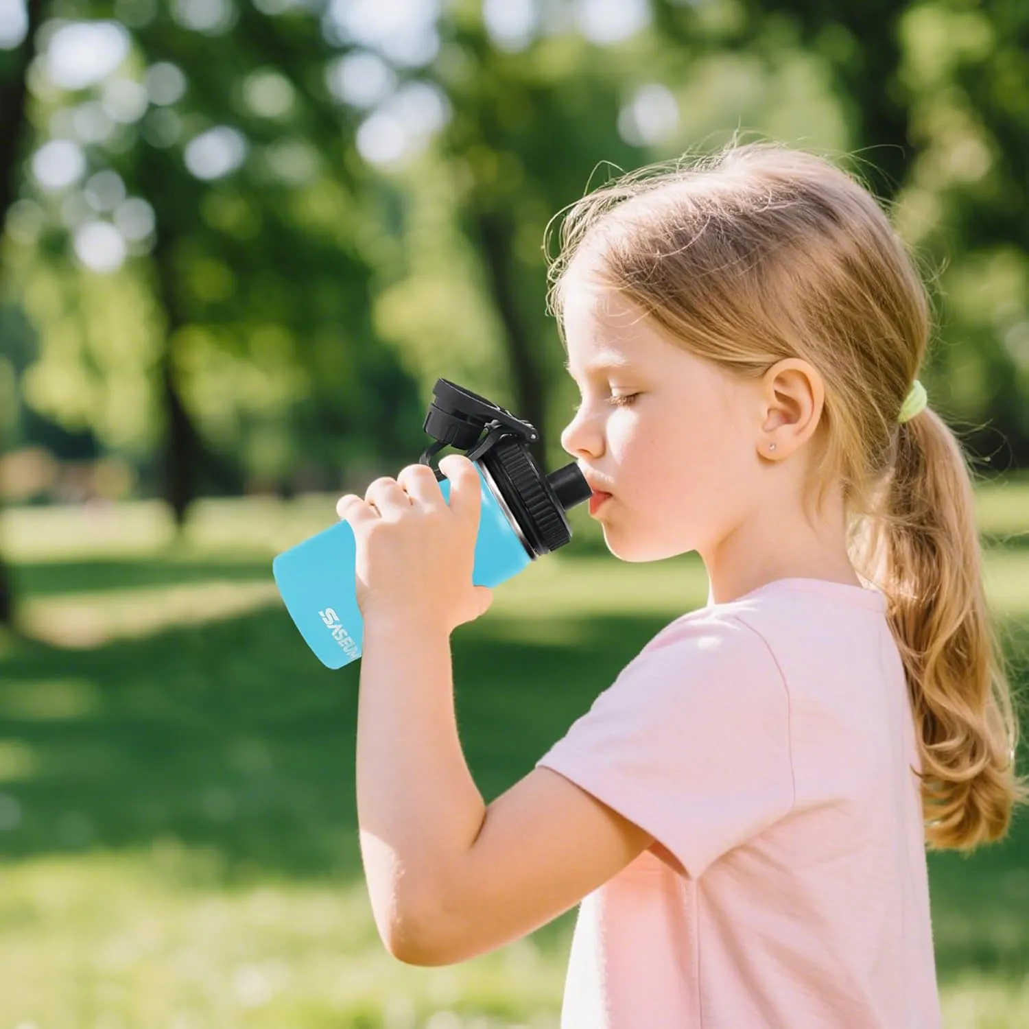 Kids Sport Water Bottle 16oz Stainless Steel Double Wall Vacuum Thermal Mug with Leak Proof Spout Lids, Wide Mouth Metal Insulated Water Jug for Gym and Travel（Sky Blue）