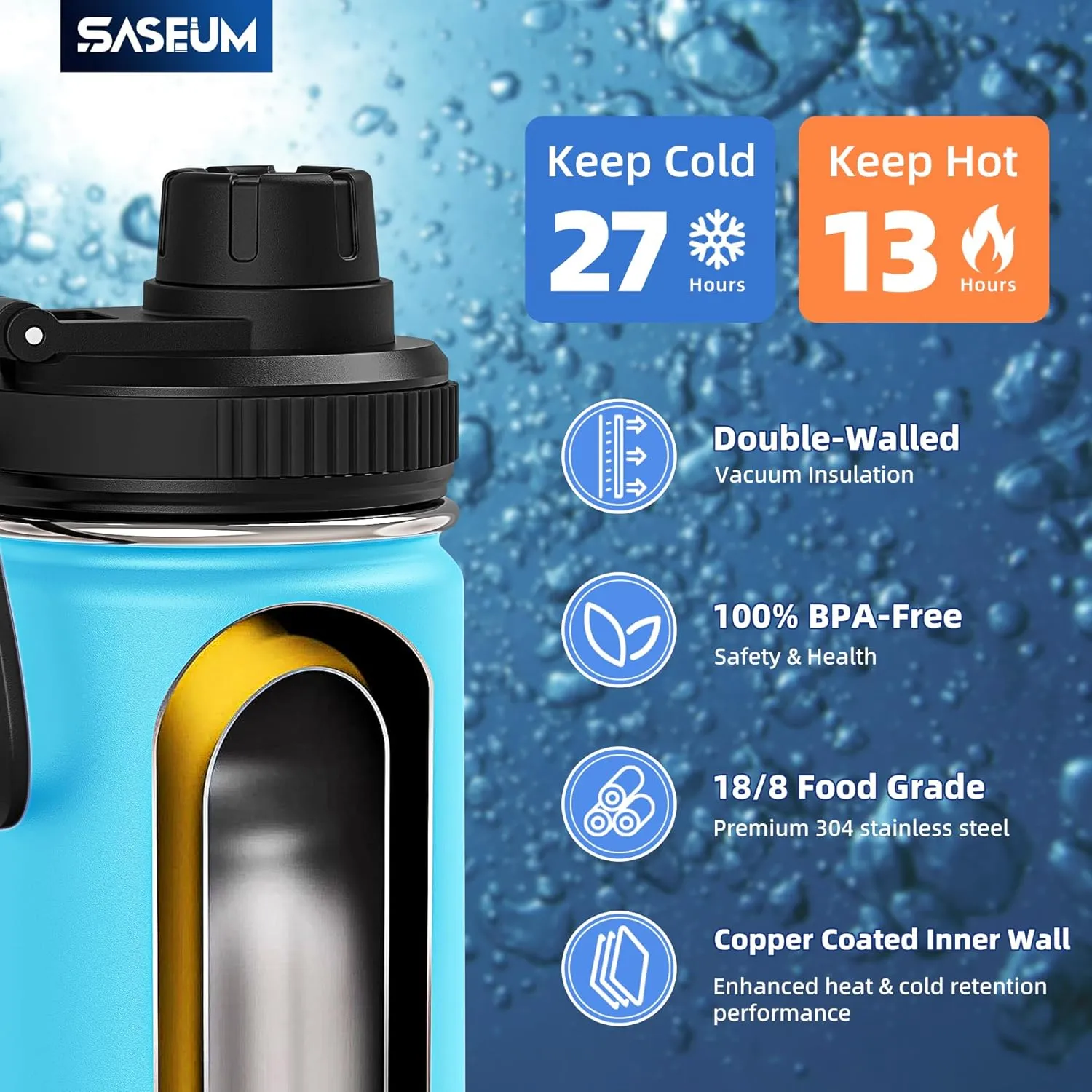 Kids Sport Water Bottle 16oz Stainless Steel Double Wall Vacuum Thermal Mug with Leak Proof Spout Lids, Wide Mouth Metal Insulated Water Jug for Gym and Travel（Sky Blue）