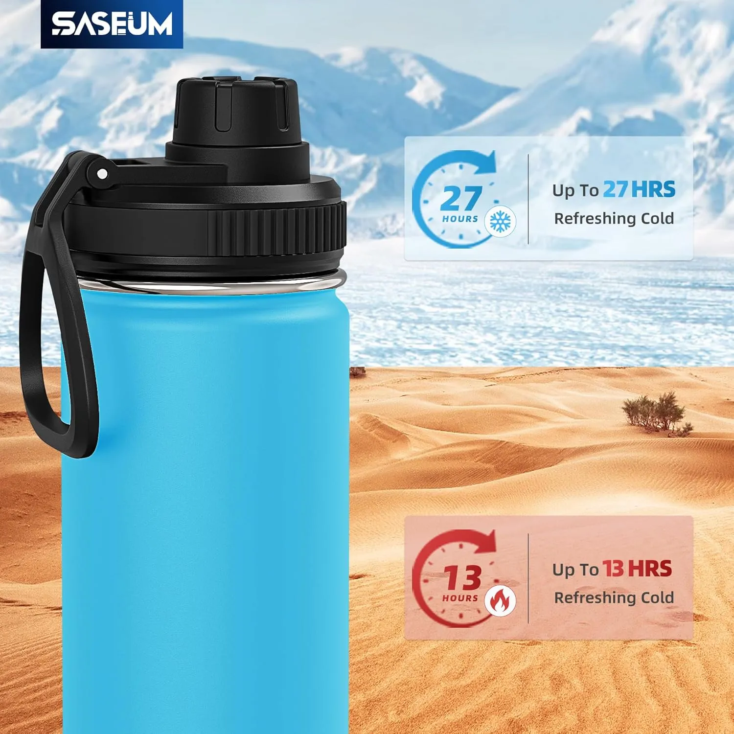 Kids Sport Water Bottle 16oz Stainless Steel Double Wall Vacuum Thermal Mug with Leak Proof Spout Lids, Wide Mouth Metal Insulated Water Jug for Gym and Travel（Sky Blue）