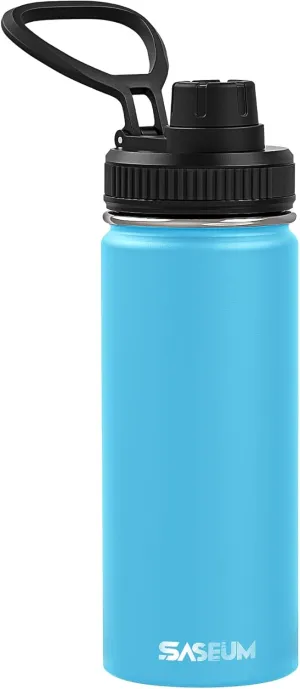 Kids Sport Water Bottle 16oz Stainless Steel Double Wall Vacuum Thermal Mug with Leak Proof Spout Lids, Wide Mouth Metal Insulated Water Jug for Gym and Travel（Sky Blue）