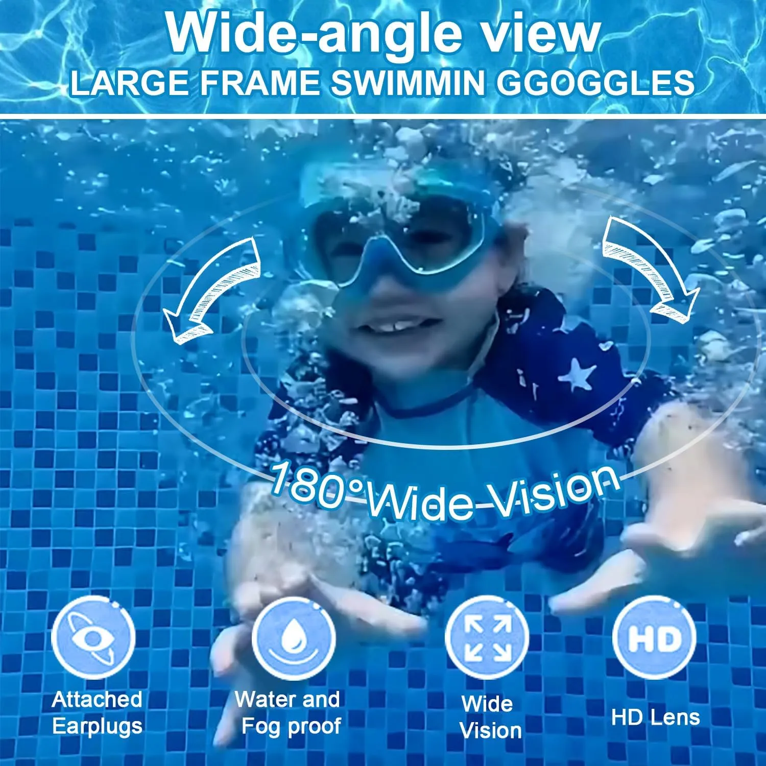 Kids Swim Goggles HD Children's Large Frame Waterproof and Anti-fog Swimming Goggless with Adjustable Straps for Boys Girls